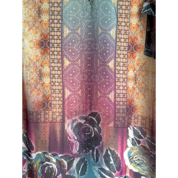 Unity Woman sz 2X multi print purple ruched sleeve split v neck lined Boho top - Picture 2 of 10